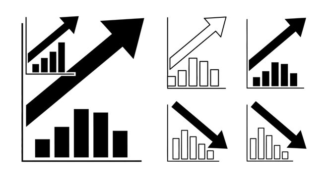 diverse bar chart icons showing upward and downward trends with arrows