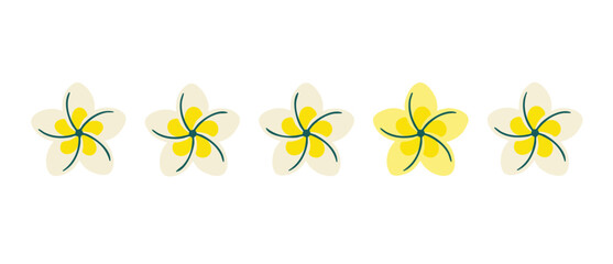 Obraz premium Plumeria flower set flat vector illustration, tropical frangipani blossoms arranged in a horizontal row, minimalist botanical icon collection for summer design projects, isolated on white background.