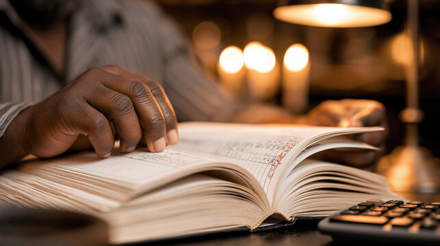 Close-up of a bootstrapped business owner's hands flipping through a personal savings ledger marked with business expenses in red ink, under warm desk lamp glow, each page telling a self-funded stor
