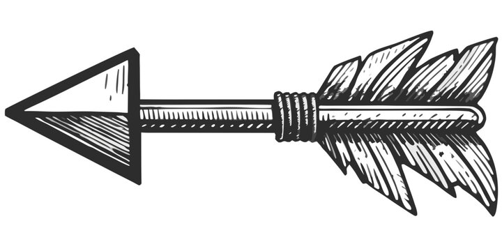 Hand drawn arrow sketch with feathers black and white illustration