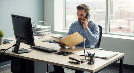 Obraz premium Bearded businessman talking on the phone and reviewing documents in a modern with a city view