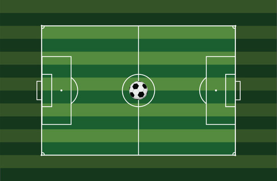 Top view soccer field illustration featuring a central ball on a striped green grass background