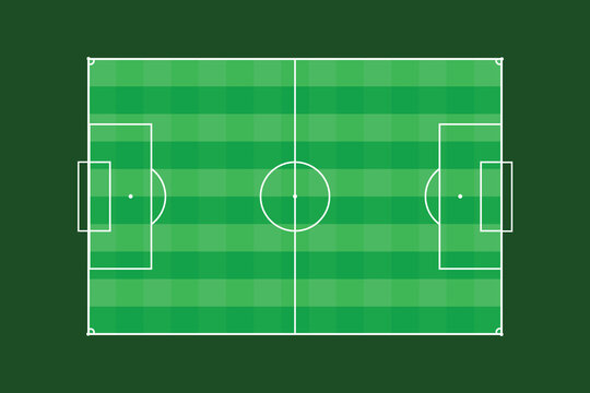 Top down view of a green soccer pitch illustration with white marking lines on grass background