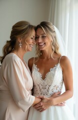 Naklejka premium Mother and bride share tender moment before wedding. Happy women embrace, touching foreheads, smiling near window. Bride wears white gown, mother pastel robe. Family love joy.