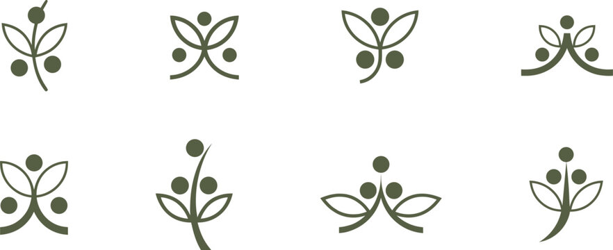 Set of minimalist vector icons featuring stylized olive branches and fruits, symbolizing peace, nature, and organic mediterranean products.