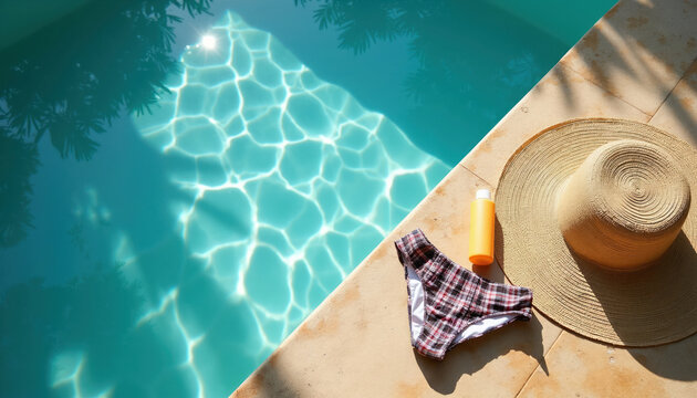 Sun hat bikini and sunscreen sit poolside. Bright sun reflects on clear blue water. Tropical vacation items rest on tiled edge next to swimming pool.