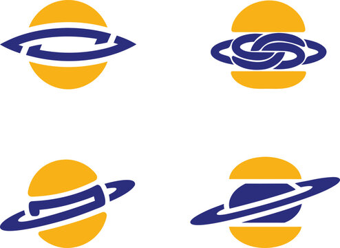 Set of creative burger planet icons combining a yellow hamburger bun with a blue planetary ring, symbolizing cosmic flavor and global fast food branding.