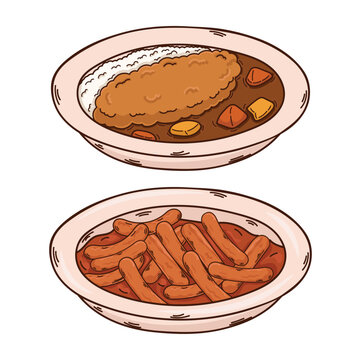 Illustration of food, fishcake, rice cake, chicken katsu and curry rice, Asian food icon, Japanese food, Korean food, spicy and salty