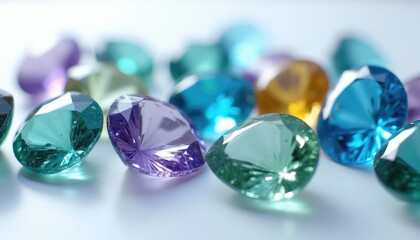 Fototapeta premium Assorted colorful gemstones sparkle on white surface. Various cuts including pear and round shapes gleam with vivid blue green and purple hues. Luxury jewelry materials shine.