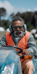 Bearded man driving tractor wearing safety vest in field
