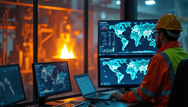 Industrial worker monitors global data streams and molten metal processing on multiple computer screens. He wears safety gear in a control room overseeing manufacturing operations.