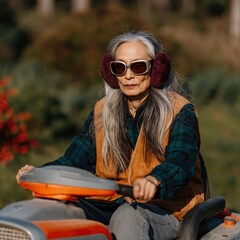 Obraz premium Older woman riding mower through landscaped yard wearing earmuffs