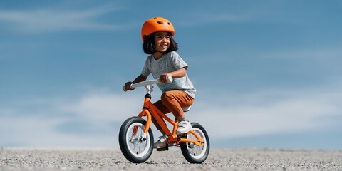 Fototapeta premium Child riding balance bike on open pavement under blue sky daytime