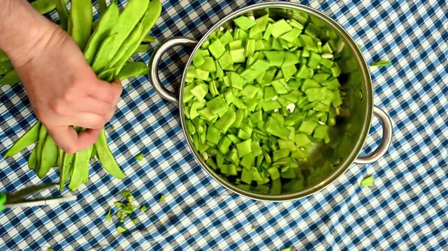 Man chopping green beans on checkered tablecloth. Top view person cutting fresh organic flat beans into steel pot for healthy homemade meal preparation in domestic kitchen setting
