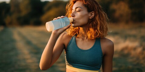 Naklejka premium Young woman drinking water after outdoor exercise in field