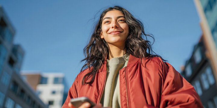Young woman checking phone while standing in urban street