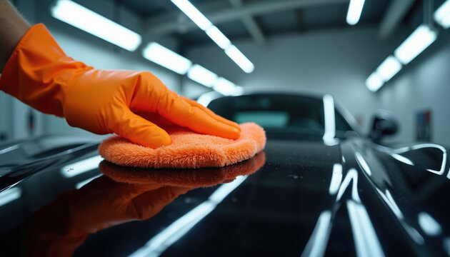 Hand in orange glove polishes black car hood with orange microfiber cloth. Worker buffs surface in workshop. Automotive detail service ensures glossy finish.