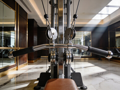 Modern Cable Crossover Machine in Luxury Fitness Gym Interior for Strength Training, Bodybuilding and Functional Workout Exercise