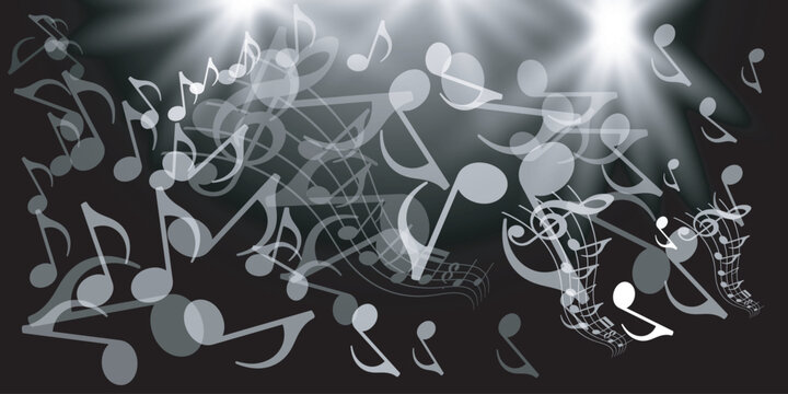 Abstract musical notes scattered across a dark background with light flares