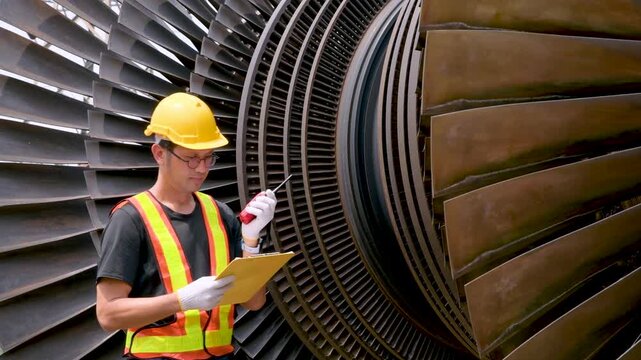 Senior Asian male mechanical engineer inspecting a steam turbine blade of electricity generator power plant, talking via walkie-talkie, safety first, industrial technical compliance, quality control