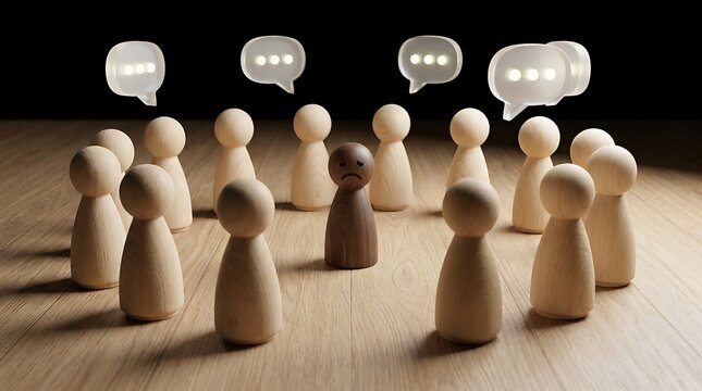 Wooden peg dolls representing social exclusion with a sad dark figure surrounded by light figures and speech bubbles