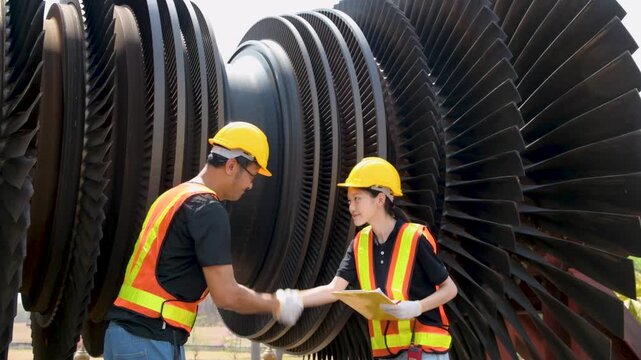Two Asian mechanical engineers brainstorm and shake hands for steam turbine blades inspection, Gen Z and millennial teamwork collaboration, age and gender diversity in modern industrial workplace