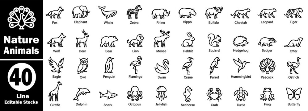 Nature animal line icons. Isolated on a transparent background, outline wildlife collection for graphic design projects and web app interfaces.