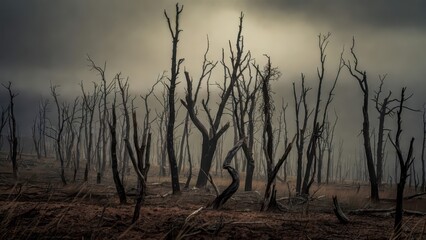 Obraz premium Eerie, desolate forest of burnt, skeletal trees under a smoky, ominous sky