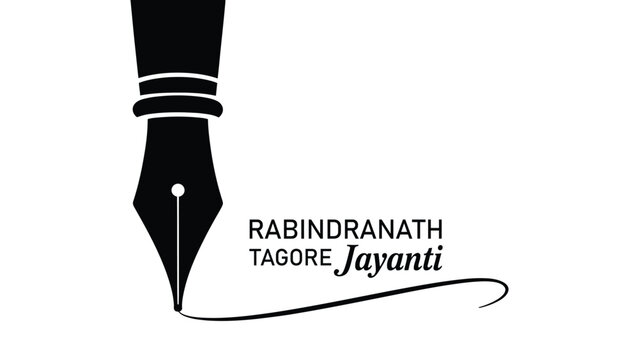 rabindranath tagore jayanti illustration with fountain pen nib and calligraphic line, literary tribute design in minimal black style