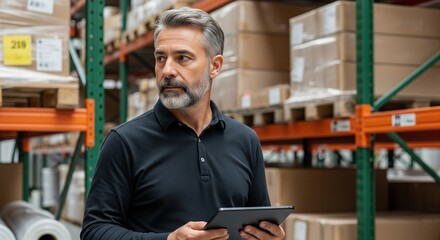 Fototapeta premium Middle-aged warehouse manager with beard holding tablet in distribution center checking inventory