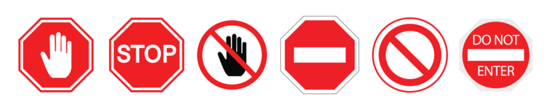 Red stop sign icon set. Sign with hand and stop sign. Warning sign, attention, prohibition, danger, alert, road sign - stock vector. 