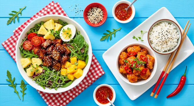 Vibrant Asian meal flat lay featuring a glazed pork salad power bowl, sweet and sour orange chicken, and sticky rice on a bright blue background
