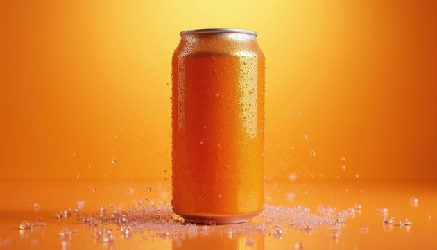 Cold orange soda can covered in water droplets. Liquid splashes on bright orange surface. Refreshing drink for hot day. Perfect for summer advertising.