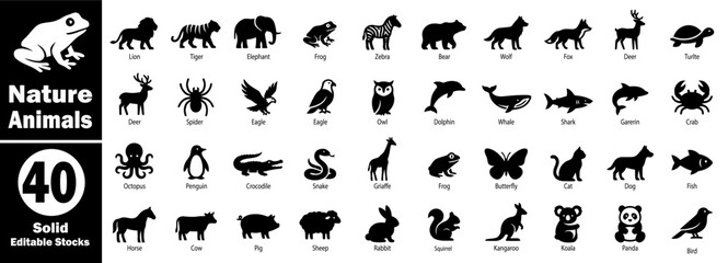 Fototapeta premium Nature animals solid icons. Isolated on a transparent background, a silhouette wildlife collection for graphic design projects, web app interface.