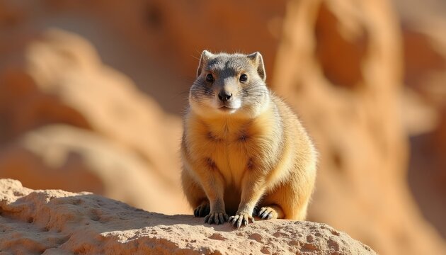 Rock hyrax sits on desert stone outcrop. Small furry mammal with alert eyes looks around. Warm sunlight illuminates its tan fur and cute face in dry arid landscape.
