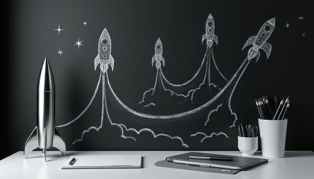 Model rocket on desk with chalk drawings of rockets launching on blackboard. Office workspace with stationery and drawing tools ready for project launch.