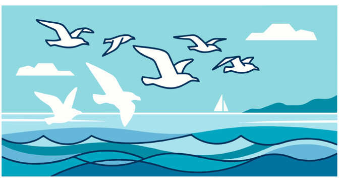 vector illustration of bird above the sea summer vibe and vector style