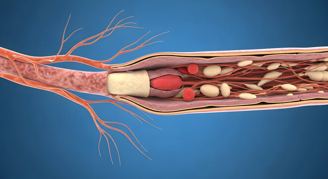 Cross-Section of an Artery With Atherosclerotic Plaque and Blood Cells, Medical Anatomy Illustration

