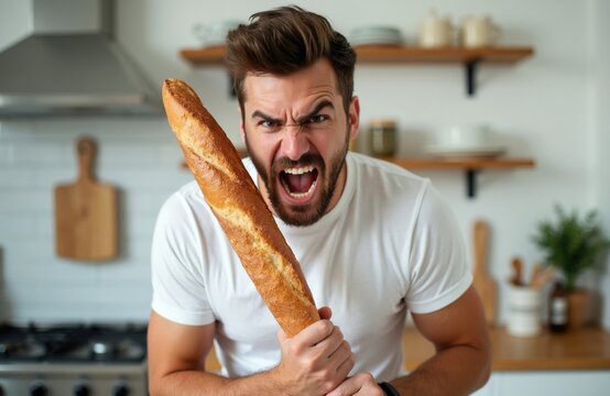 Angry man yells holding french like weapon in kitchen. Bearded guy shows aggressive mood with loaf of bread. Fresh baked food item looks tasty.