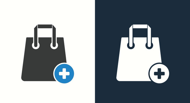 Shopping bag icon with add plus sign symbol for ecommerce retail websites and mobile applications showing commercial purchase and store bag functionality.