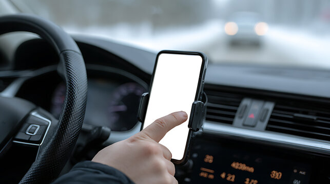 Driver interact with blank smartphone screen in vehicle mount, navigate or use an application, with a blurred road and car ahead in winter