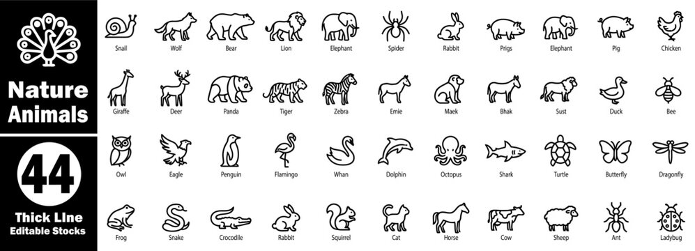 Nature animals thick line vector icons, editable stocks, perfect for web, print, mobile, and user interface.