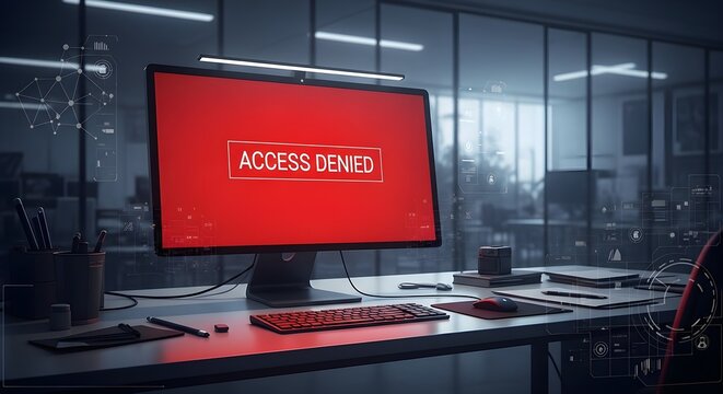 Access denied screen on computer monitor in modern office setting with blurred background and futuristic digital data overlay graphics conceptual security breach system error message.