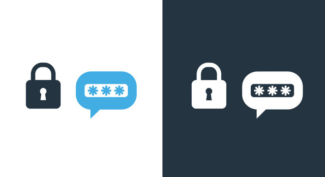 Password security icons featuring padlock and chat bubble with hidden characters for login verification and secure messaging on light and dark backgrounds.