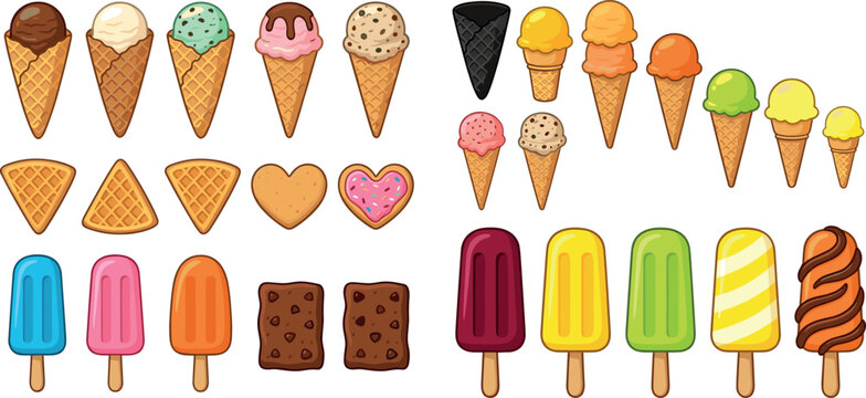 Ice Cream and Frozen Dessert Collection with Cones, Popsicles, and Sweet Treats for Summer Designs, Packaging, and Digital Media