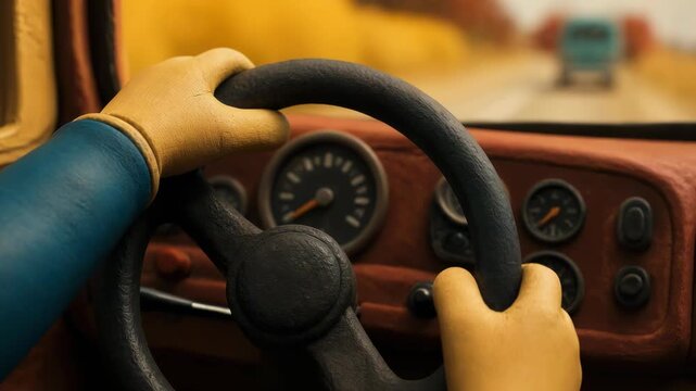 A claymation style driver grips the steering wheel of a vintage car, showcasing artistic craftsmanship and detailed textured surfaces for a nostalgic automotive journey through the open countryside.