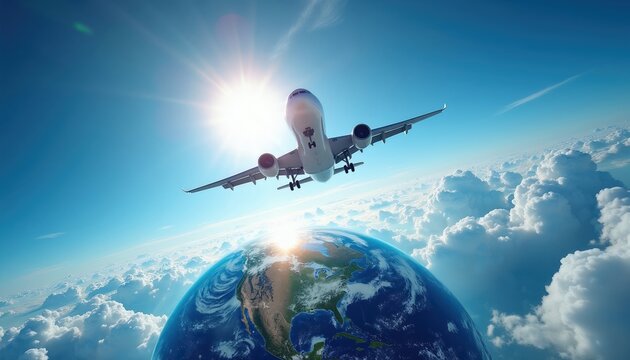 Airplane flies above Earth globe in sunny sky. Clouds float below during daylight. Global travel adventure exploration. Journey around world.
