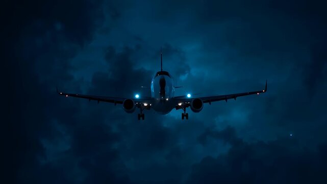 A commercial airplane flying through dark, stormy clouds at night, illuminated by a faint blue light, creating a dramatic and intense atmosphere