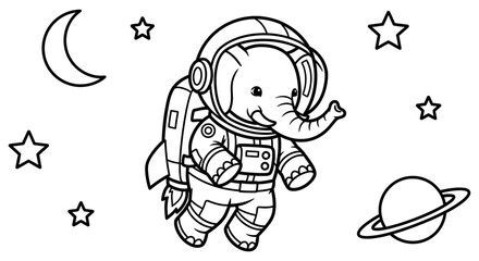 Elephant astronaut floats through the deep dark galaxy wearing a detailed space suit while surrounded by bright stars and a crescent moon in this whimsical digital illustration for young children. © Masuk Sat