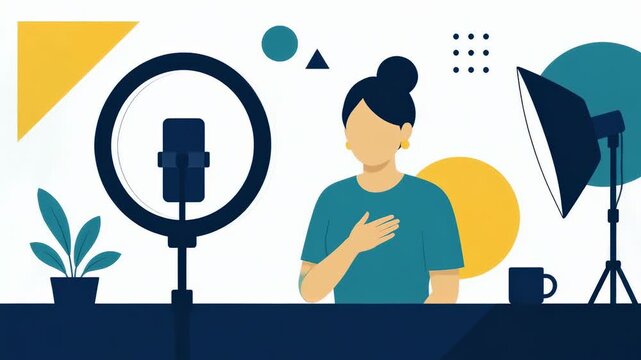 A flat style animated influencer sits before a ring light and softbox gesturing, showcasing professional video creation and modern content production techniques in a vibrant studio environment.